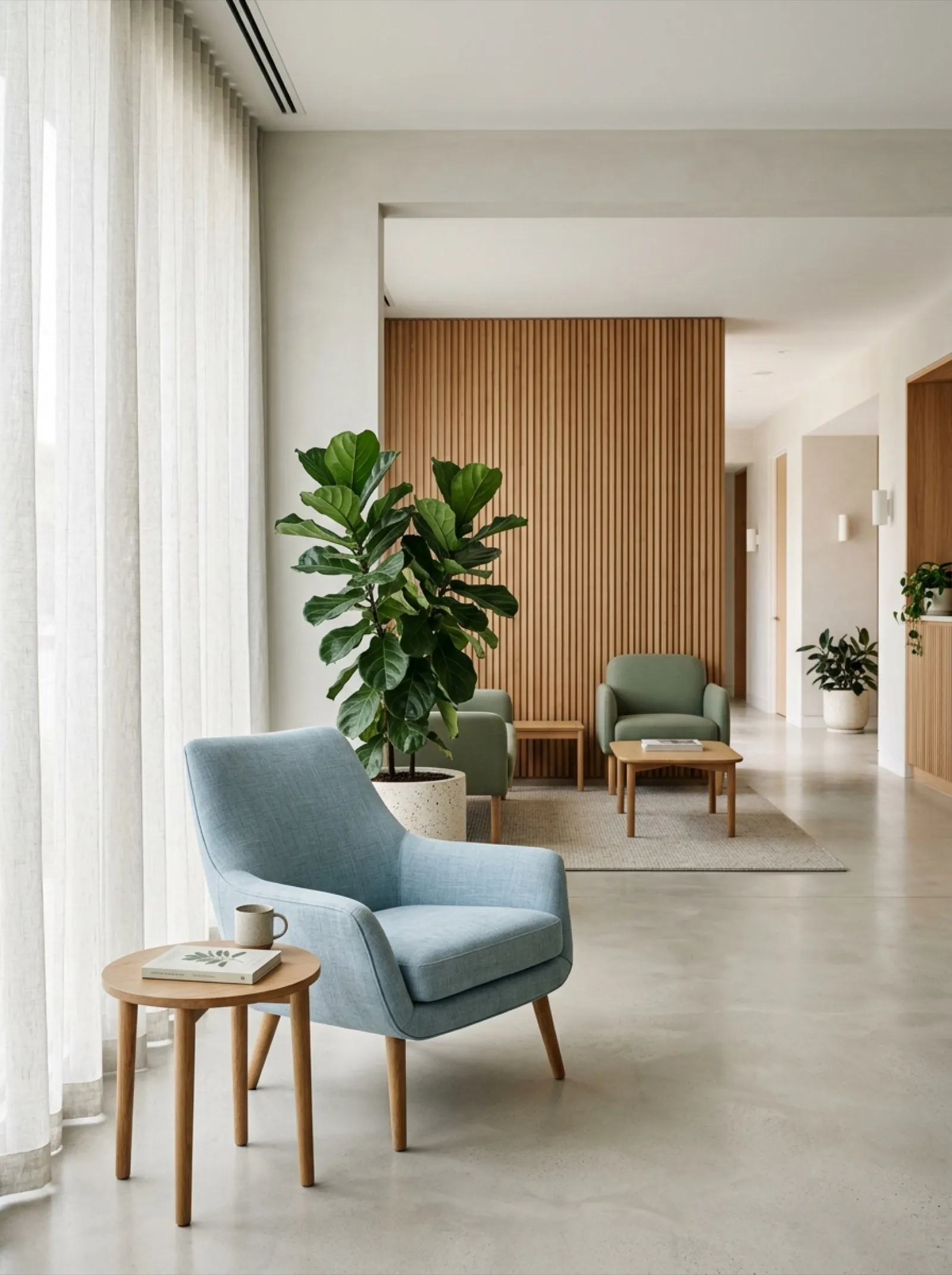 Generated dental practice concept: a calm, daylit waiting area with a linen armchair, potted fig and oak slat wall