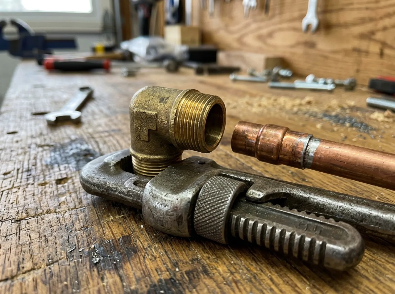 Generated plumbing concept: a brass elbow fitting, copper pipe and pipe wrench on a worn workshop bench