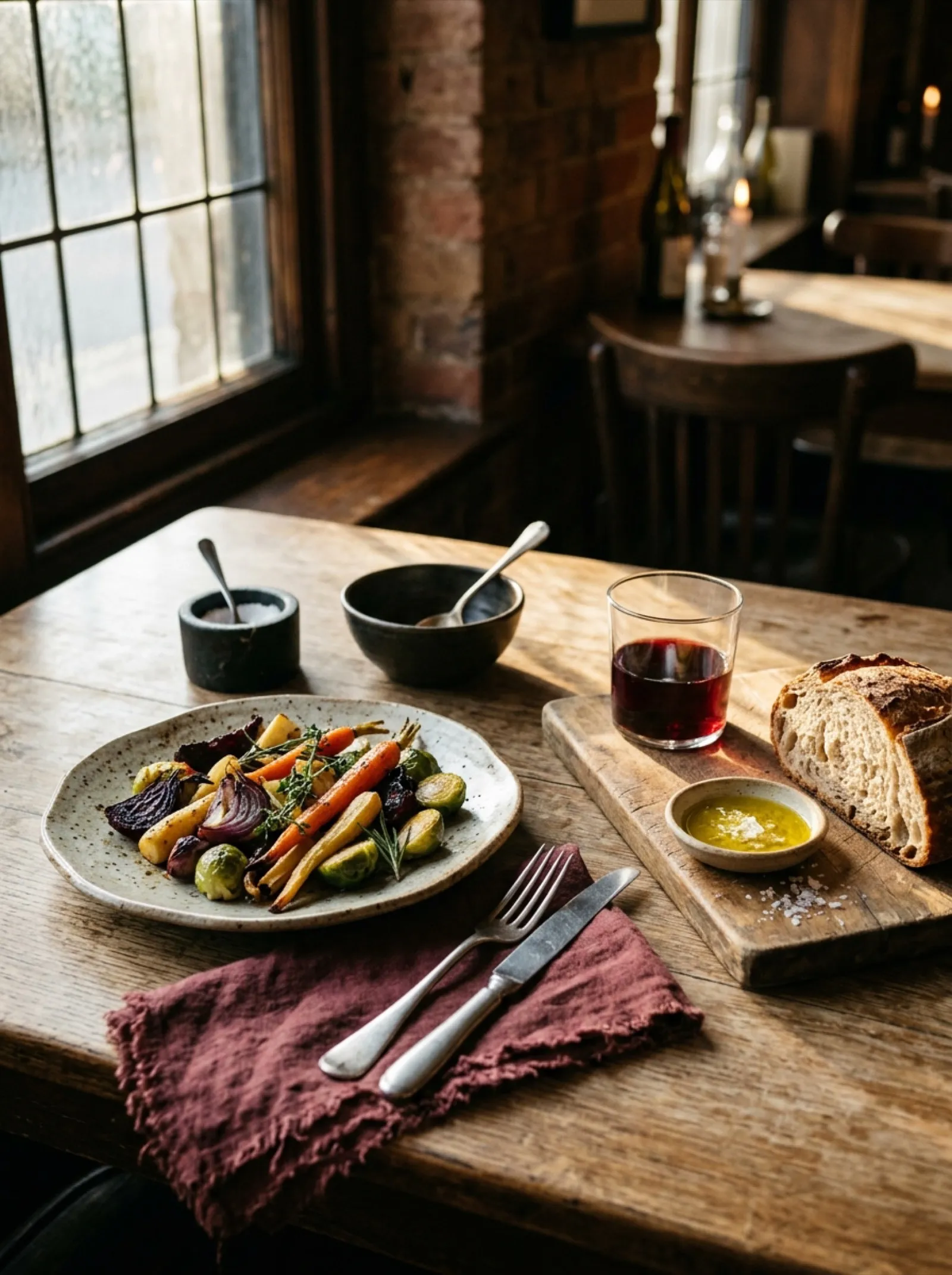 Generated restaurant concept: seasonal vegetables, sourdough and burgundy linen on a sunlit wooden table
